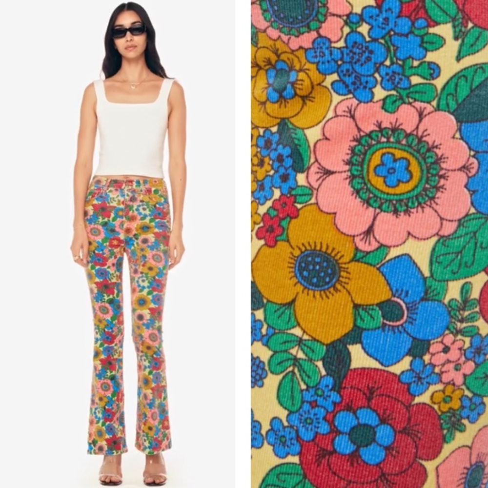 MOTHER Floral Bootcut Pants in Multicolor Floral on Cream